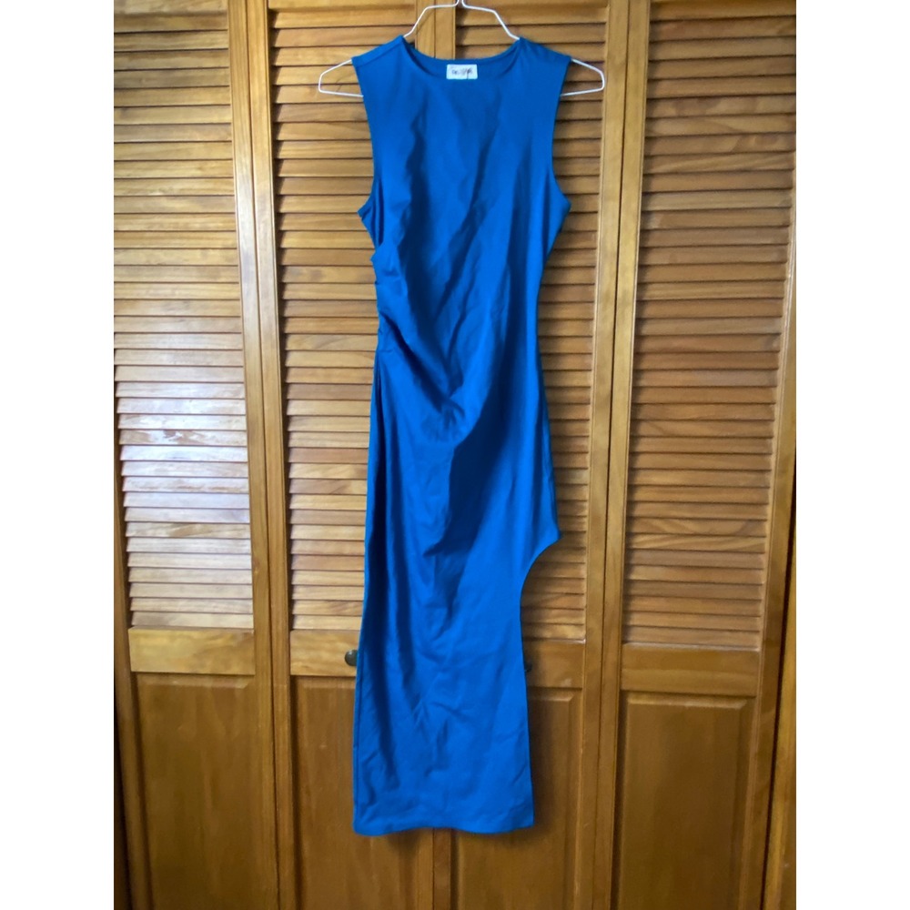 Open Edit Womens Ruched Side Slit Sleeveless Midi‎ Dress Teal Blue XS - Picture 2 of 7
